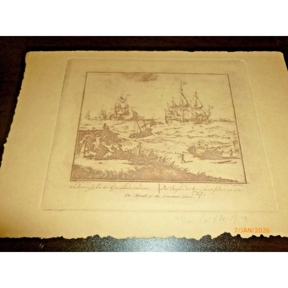Antique Etching Arrival of the Greenland Whalers‎ Arctic Ships Port Scene W. 6x8